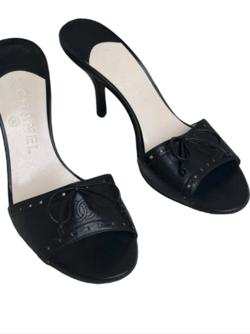 CHANEL S/S 2005 Leather Bow Sandals Mules Open Toe Sandals Heels Shoes 41